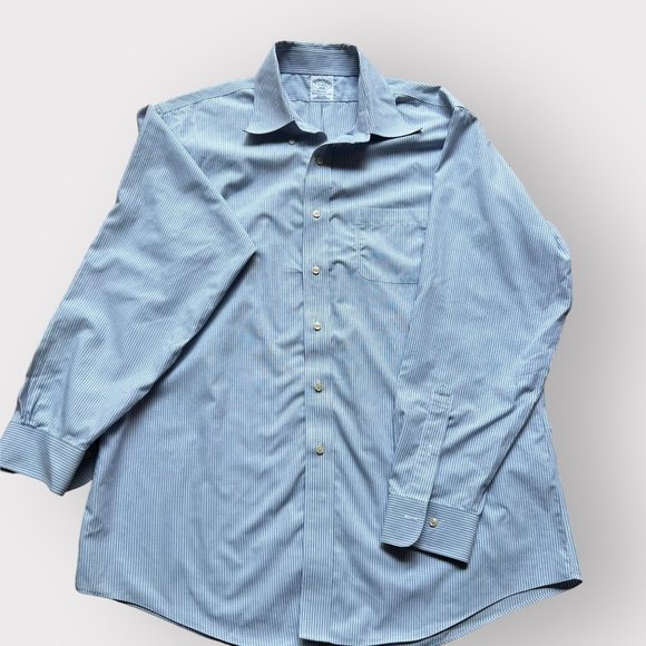 Brooks Brothers Men's 17 4/5 Regent Blue White Stripes Long Sleeve Button Down - Picture 5 of 9